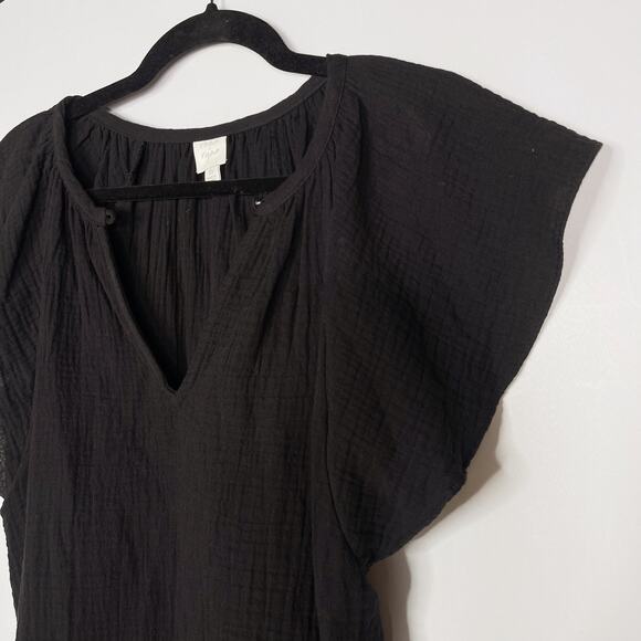 Evereve Roan + Ryan XS Black Elliott Gauze Flutter Sleeve VNeck Top Short Sleeve - Picture 3 of 8